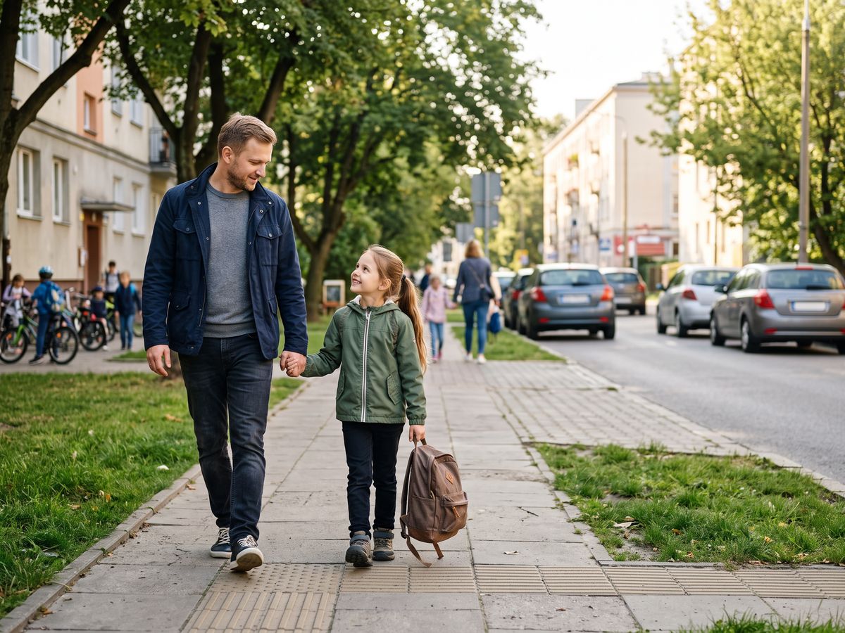 Tata odprowadza córkę do szkoły — dziewczynka z tornistrem idzie chodnikiem, trzymając go za rękę