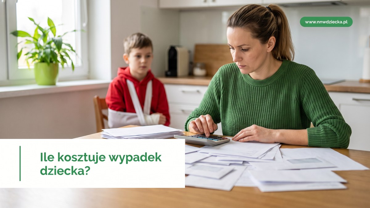 Rodzice liczą domowe wydatki przy stole, w tle dziecko z ręką w temblaku