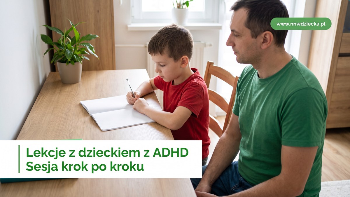 Chłopiec odrabia lekcje przy uporządkowanym biurku, tata siedzi obok