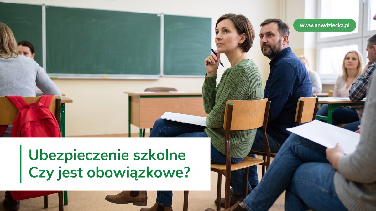 Rodzice na zebraniu w sali szkolnej, mama zastanawia się z długopisem