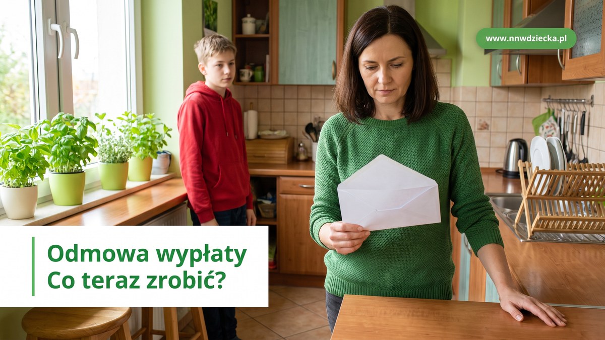 Kobieta w kuchni trzyma otwartą kopertę, w tle nastolatek w czerwonej bluzie