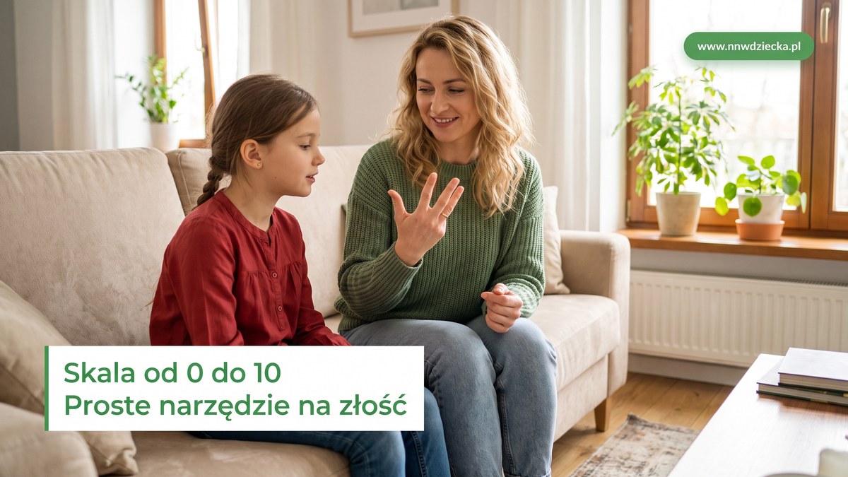 Mama pokazuje córce na palcach skalę, spokojnie rozmawiając na kanapie