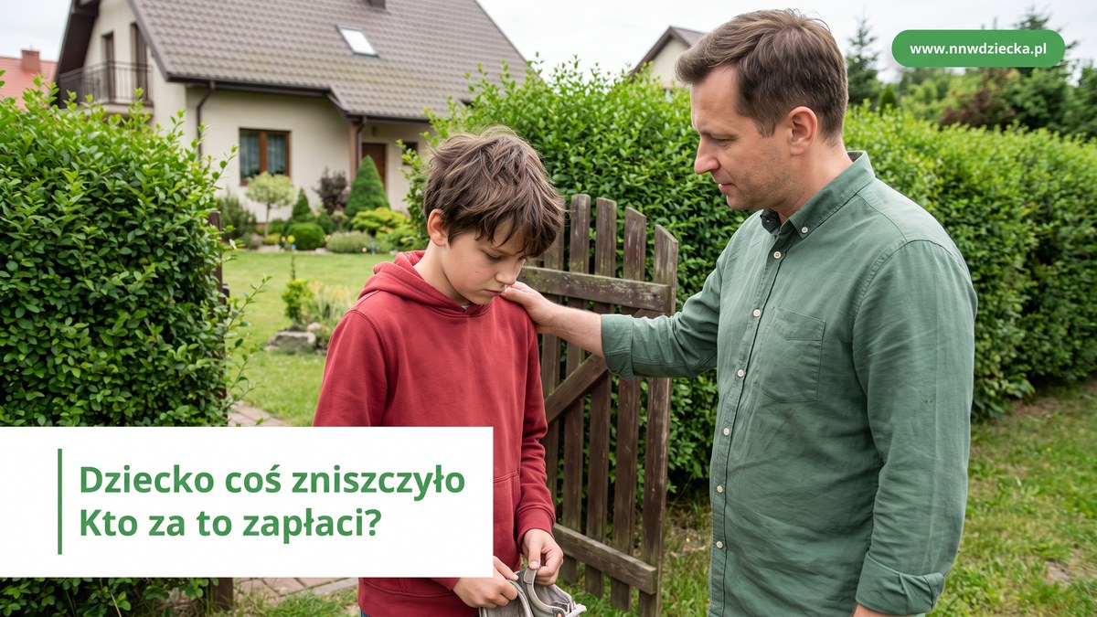 Tata spokojnie rozmawia z zawstydzonym synem przy furtce ogrodu