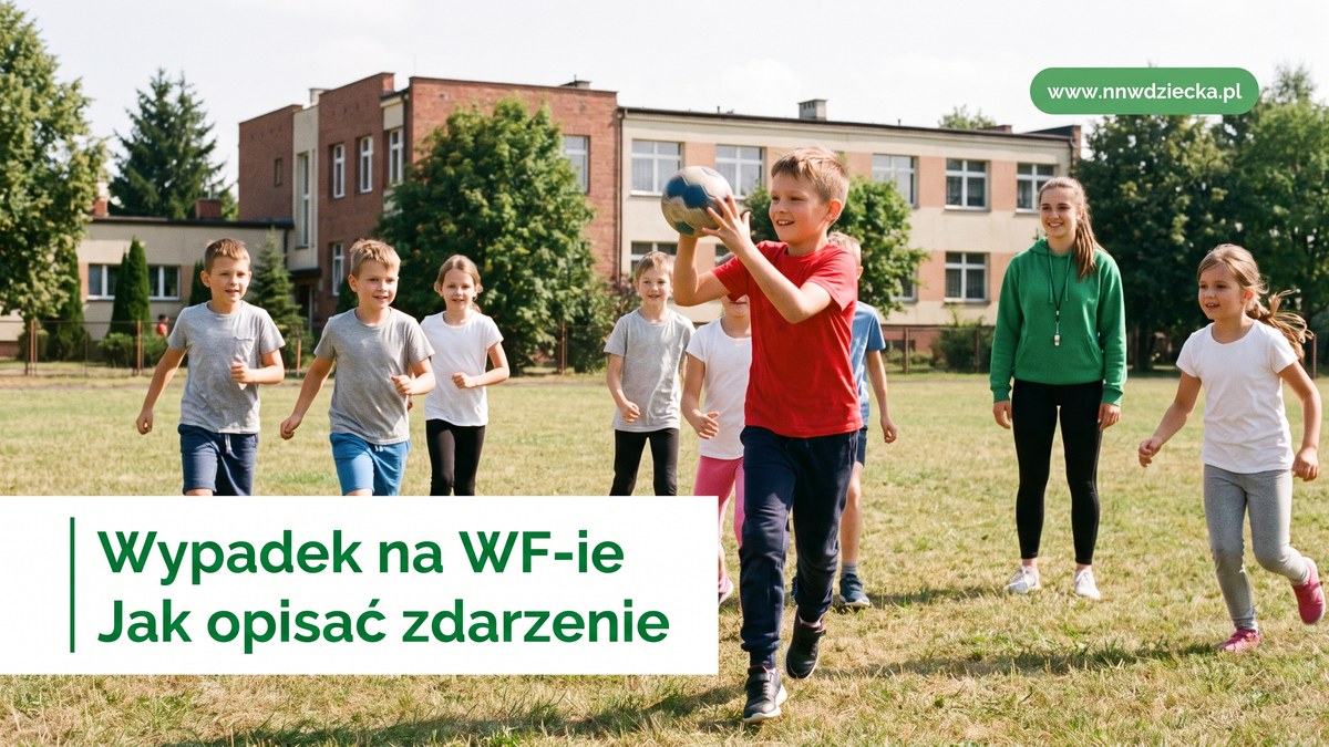 Dzieci grają w piłkę na boisku szkolnym podczas lekcji WF, w tle nauczycielka