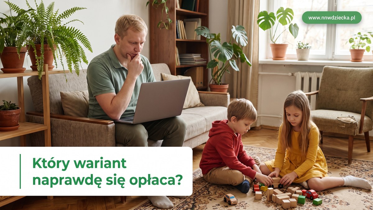 Tata z laptopem na kanapie zastanawia się nad wyborem, obok bawią się dwoje dzieci