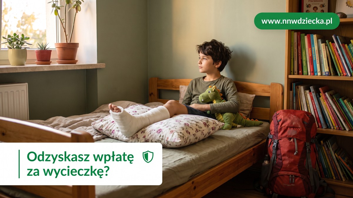 Chłopiec z nogą w gipsie siedzi na łóżku, obok spakowany plecak turystyczny