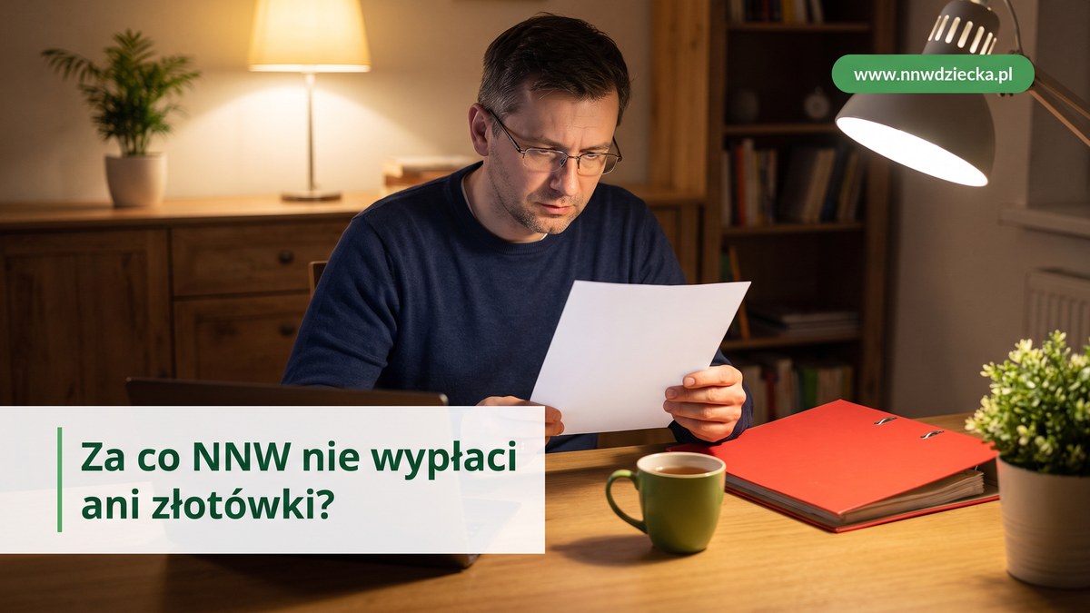 Ojciec czyta uważnie warunki polisy NNW dziecka przy biurku