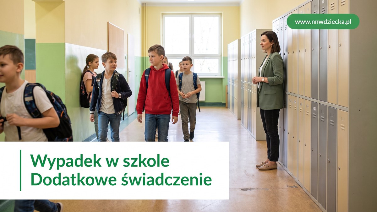 Dzieci z plecakami na szkolnym korytarzu, nauczycielka pełni nadzór