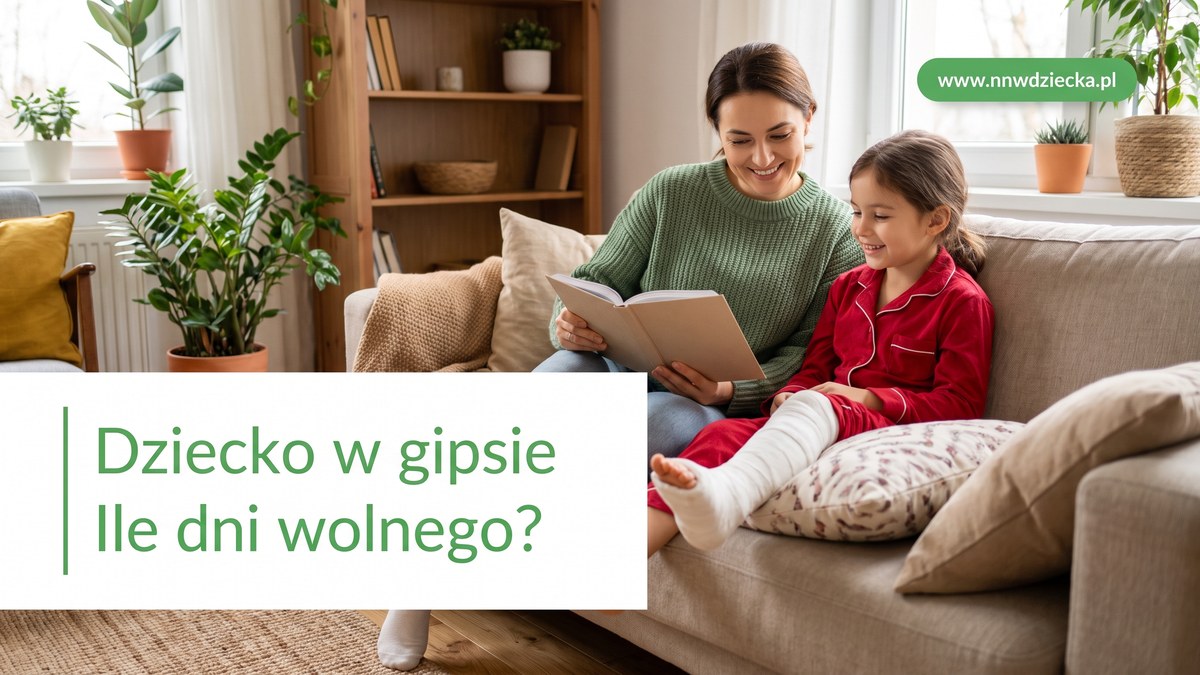 Mama czyta książkę córce z nogą w gipsie opartą na poduszce