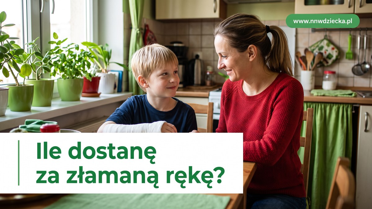 Chłopiec z opatrunkiem gipsowym na przedramieniu siedzi z mamą przy stole w kuchni
