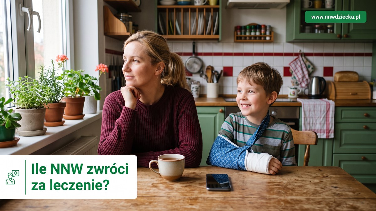 Mama i uśmiechnięty syn z ręką w gipsie na temblaku siedzą przy stole w kuchni